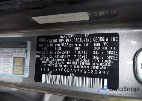 2019 Kia Sorento 3.3L Lx z USA, uszkodzony, nr VIN 5XYPGDA57KG480997